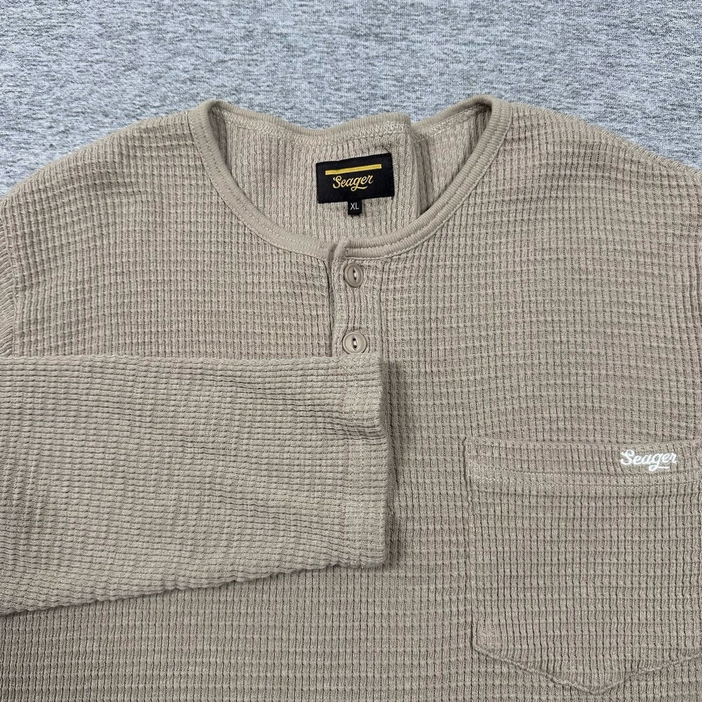 Seager Sawpit Henley Shirt Mens XL Brown Waffle Knit Long Sleeve Thermal
